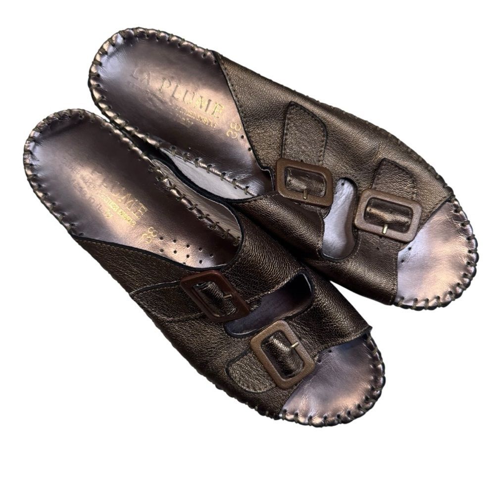 La Plume Metallic Gold Leather Buckle Straps Sandals Made in Italy Sz 38 7.5-8